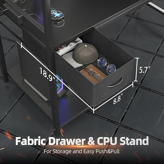 TIQLAB Gaming Desk 40 inch with Power Outlet and LED Light Computer Desk with Reversible Shelves and Storage Drawer Small PC Desk for Home Office Table with Bag Carbon Fiber Black