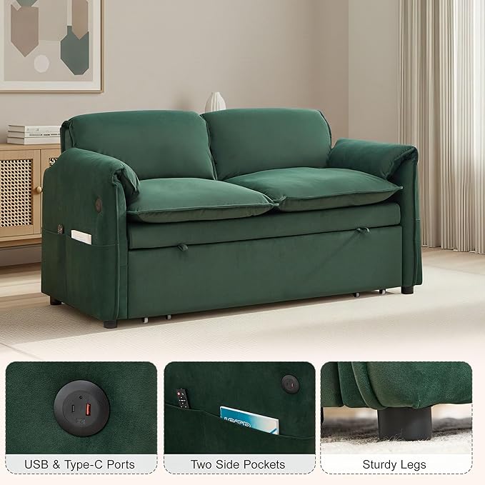63 Velvet 3 in 1 Convertible Sleeper Sofa Bed Pull Out Couch Bed Loveseat with Adjustable Backrest Chaise Lounge USB Port &amp Side Pocket Modern Sofa for Living Room Small Spaces Green