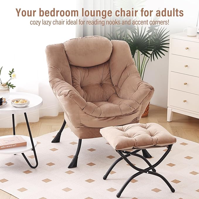Lazy Chair with Ottoman Modern Accent Chair with Armrests and a Side Pocket Velvet Khaki Accent Chairs Reading Chairs Oversized Armchairs for Bedroom Study Living Room Courtyard
