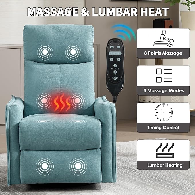 Swivel Rocker Recliner Chair 360° Swivel Recliner with Heat and Massage Rocker Recliner Easy to Clean Nursery Glider Recliner Chair with Side Pockets for Living Room Mint Green