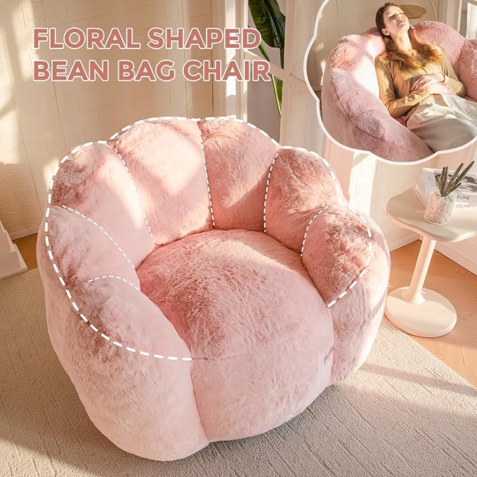 MAXYOYO Bean Bag Chair for Adults Floral Shaped Bean Bag Sofa Ultra Soft Faux Fur Floor Sofa Large Reading Chair for Living Room Bedroom Pink Single