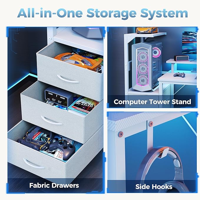 DUMOS L Shaped Gaming Desk with Shelves Storage Drawers 52'' White Computer Desks with LED Lights Power Outlets Office Wood Table with PC Stand Cable Management for Bedroom Dual Monitor Streaming