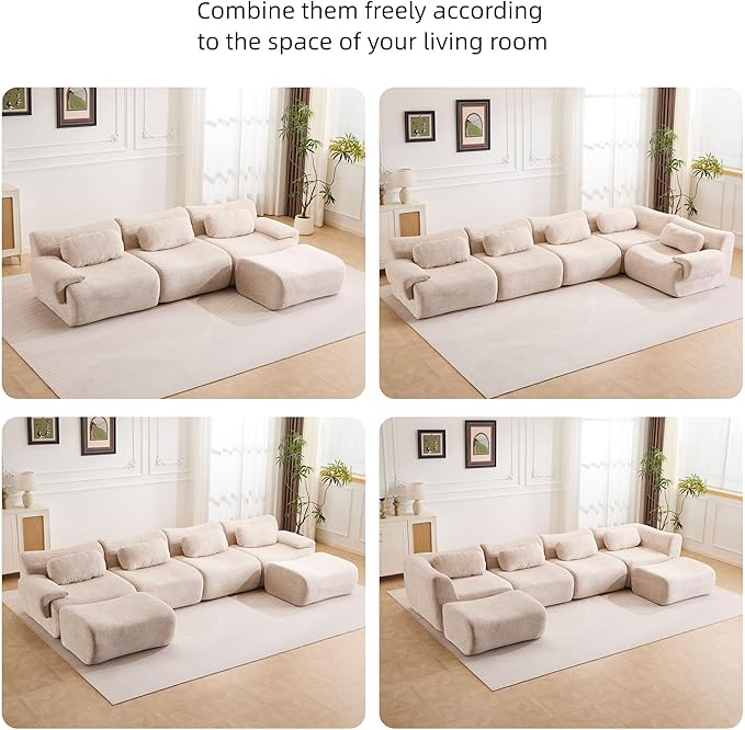 148.2 Boneless Couches for Living Room Cloud Modular Sectional Sofa in a Box Memory Foam Modern Couch Big Comfy Compressed Sofas L Shaped Couch with Corner Bedroom Apartment Beige