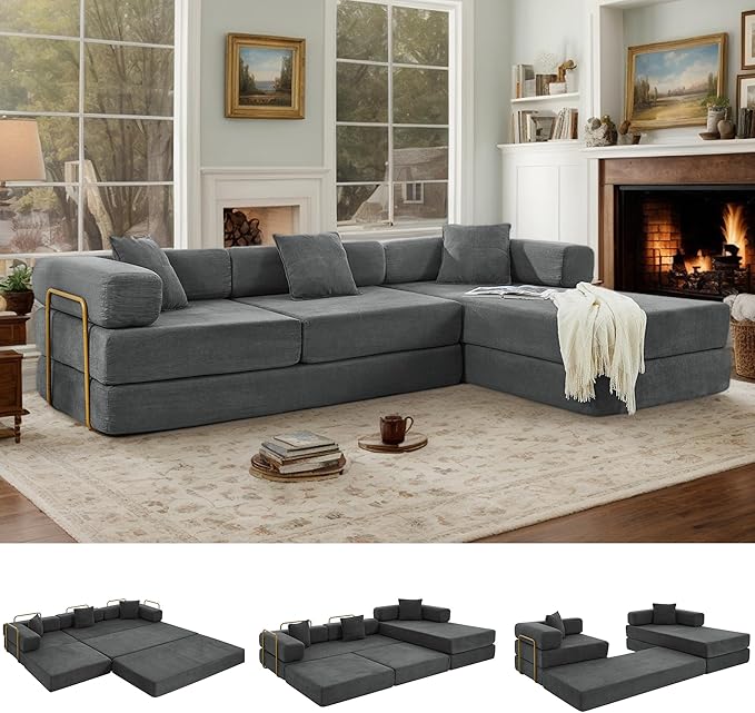 108 W Corduroy Modular Cloud Couch with Fixed-Shape Frame Oversized L-Shaped Sectional Sleeper Sofa Bed with Pull Out Bed No Assembly Modern Floor Boneless Couch for Living Room (Gray)