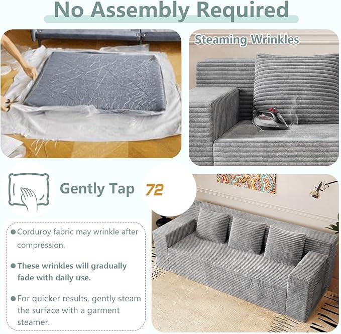 71 Cloud Loveseat SofaBoneless Deep Seat 2-Seater with 3 Pillows&ampSide PocketNo Assembly Foam Floor CouchPlush Corduroy Living Room Sofa for Small Space Apartment(Flat HandrailLight Grey)