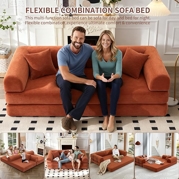 Convertible Sleeper Sofa Bed 1600lbs Weight Capacity Floor Sofa Bed with Fixed-Shape Frame Corduroy Foldable Couch for Small Space Lounge Mattress for Living Room Apartment Game Room (Orange)