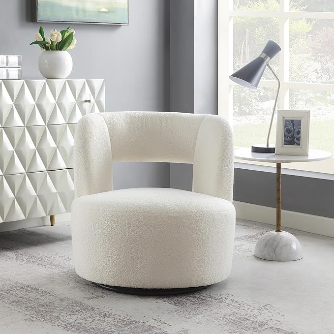 Swivel Accent Chair 360° Swivel Comfy Upholstered Seat for Living Room Bedroom Office Swivel Barrel Chair in Soft Teddy Fabric for Makeup Vanity &amp Waiting Room(White)