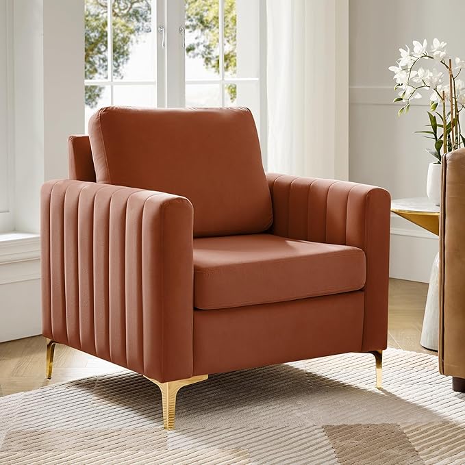Modern Upholstered Velvet Accent Chair Velvet Armchair Club Chair with Gold Metal Legs Mid-Century Barrel Leisure Comfy Reading Chair for Livingroom Bedroom Coral