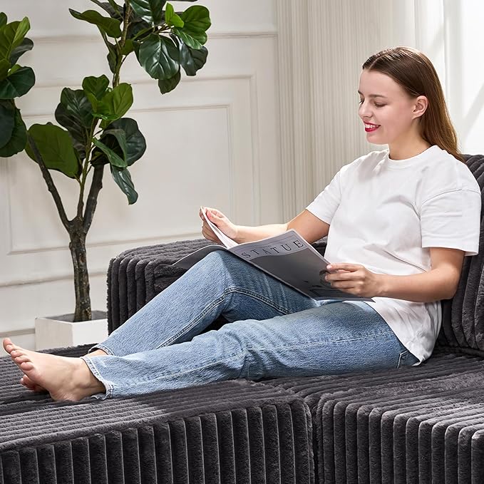 Hobestluk Rectangle Ottoman Memory Foam Footrest for Couch with Removable Cover Large Floor Seating for Adults Ottoman Coffee Table for Living Room Bedroom or Office (Strip Grey Footrest)