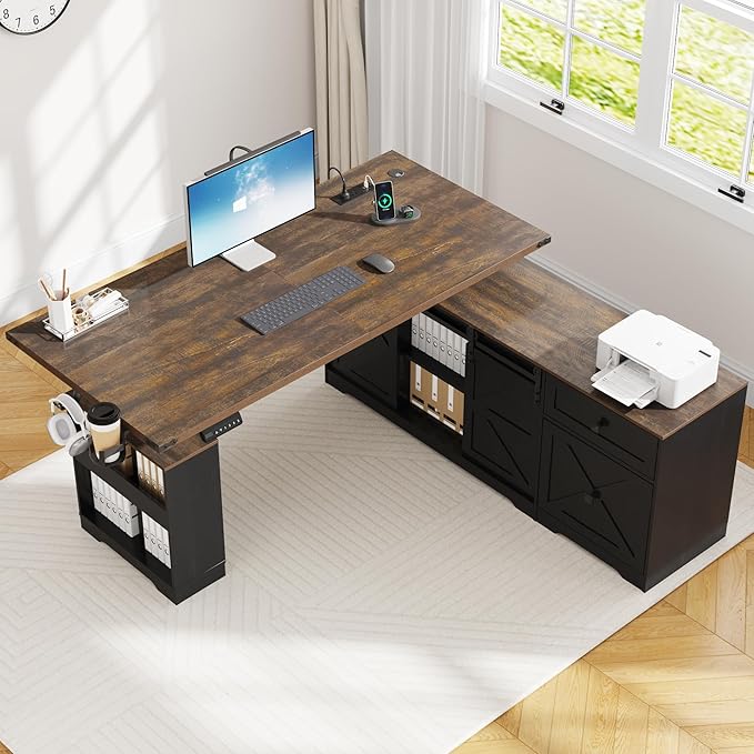 63 Farmhouse Electric Standing Desk Adjustable Height Sit Stand Corner Stand Desks L Shaped Standing Computer Desk with Power Outlets &amp Storage Drawers &amp Sliding Door for Home Office Black