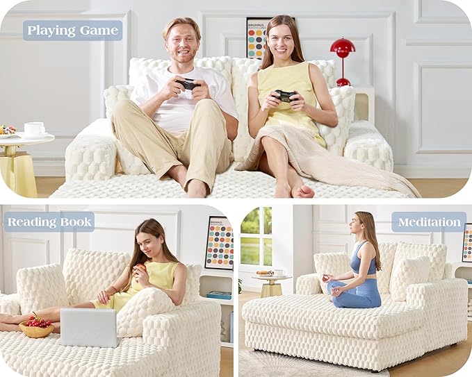 VanAcc 58-Inch Plush Sleeper Chair with Throw Pillows Upholstered Chaise Lounge &amp Sofa Bed with Armrests for Living Room Off-White