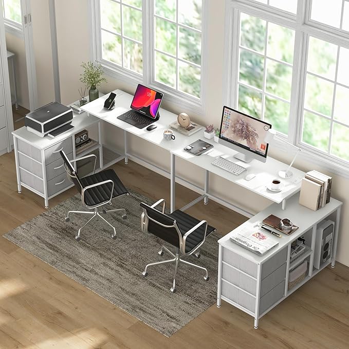 Giantex L Shaped Computer Desk with Drawers 81 Convertible Corner Desk with Charging Station and Storage Shelves Study Writing Desk Modern Long Corner Gaming Table for Home Office (White)