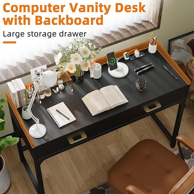 WESTREE Makeup Vanity Desk with Backboard Power Outlet Computer Gaming Desk with 2 Drawers Modern Writing Desk for Office Bedroom Black