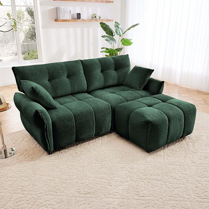 Aoowow Modular Sectional Sofa with Movable Ottoman 78.7” Chenille L Shaped Sofa Couch Upholstered Comfy 2-Seater Couches with Pillows for Living Room Apartment OfficeGreen