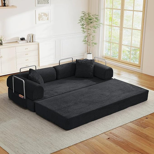 Antetek Modular Couch Bed Convertible Folding Plush Corduroy Comfy Floor Compression Loveseat Sleeper Sofa Couch King Size Bed for Guest Room Living Room Bedroom No Assembly Required Dark Black