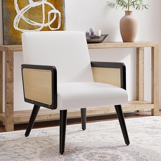 Accent Chair with Rattan Arms Living Room Chairs with Wood Legs Modern Armchair for Bedroom Lounge Chair Indoor for Reading Room Kitchen White