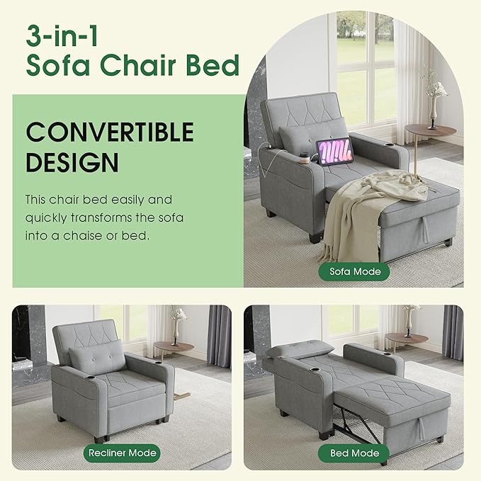 AILEEKISS 3 in 1 Convertible Sleeper Chair Bed Pull Out Sofa Chair Bed with Cup HoldersUSB &amp Type C PortsSide Pockets Linen Fabric Sleeper Single Sofa Couch for LivingroomApartmentOffice(Grey)