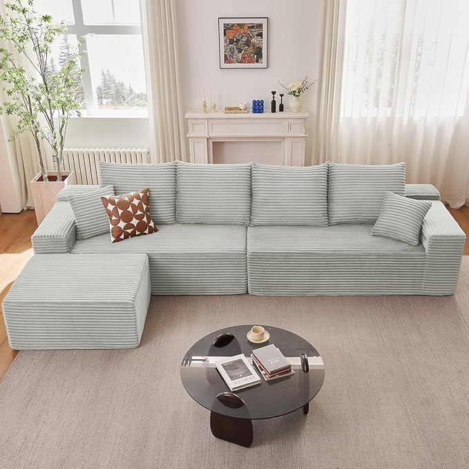 140 Modular Sectional Sofa Modern Corduroy Cloud Couch with Deep Seat Boneless Couch Upholstered 4-Seater L-Shaped Sofa for Living Room No Assembly Required (Grey 1 Ottoman)