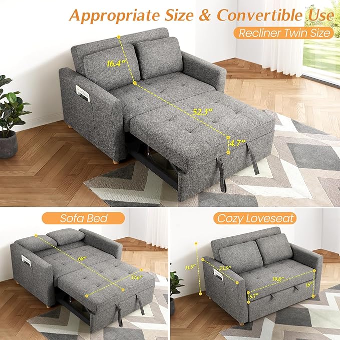 SEJOV Sleeper Sofa Pull Out Loveseat Sleeper with Adjustable Backrest 2-Seater Linen Fabric Couches for Small Spaces Futon Couch for Living Room Bedroom Apartment Rv Drak Grey
