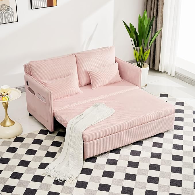 GDFStudio 55 Convertible Sofa Bed 3-in-1 Sofa Bed Couch with Pull Out Design Corduroy Sleeper Sofas with USB Ports &amp Side Pocket Modern Loveseat Sleeper for Living Room Bedroom Small Space Pi