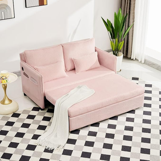GDFStudio 55 Convertible Sofa Bed 3-in-1 Sofa Bed Couch with Pull Out Design Corduroy Sleeper Sofas with USB Ports &amp Side Pocket Modern Loveseat Sleeper for Living Room Bedroom Small Space Pi