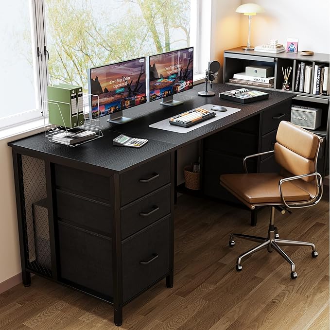 ODK 63 Inch Office Desk with 6 Fabric Drawers Large Computer Desk for Home Office with Hidden Storage Shelves Black
