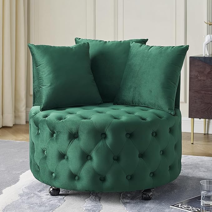 360° Swivel Accent Barrel Chair Velvet Comfy Round Chair with Button Tufted Design &amp 4 Moveable Wheels Upholstered Modern Lounge Reading Chairs for Living Room Bedroom Apartment Clubs(Green)