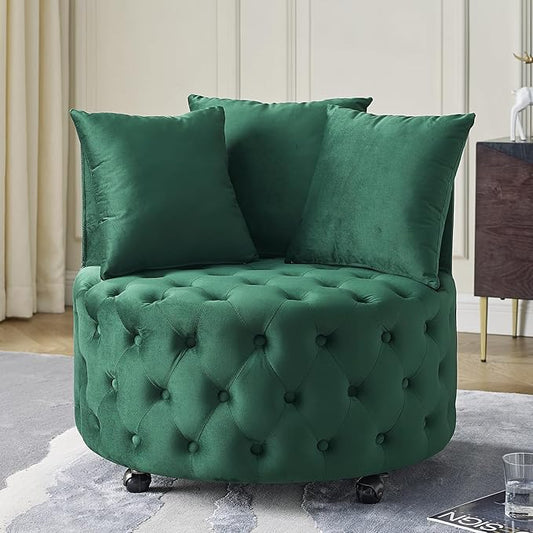 360° Swivel Accent Barrel Chair Velvet Comfy Round Chair with Button Tufted Design &amp 4 Moveable Wheels Upholstered Modern Lounge Reading Chairs for Living Room Bedroom Apartment Clubs(Green)