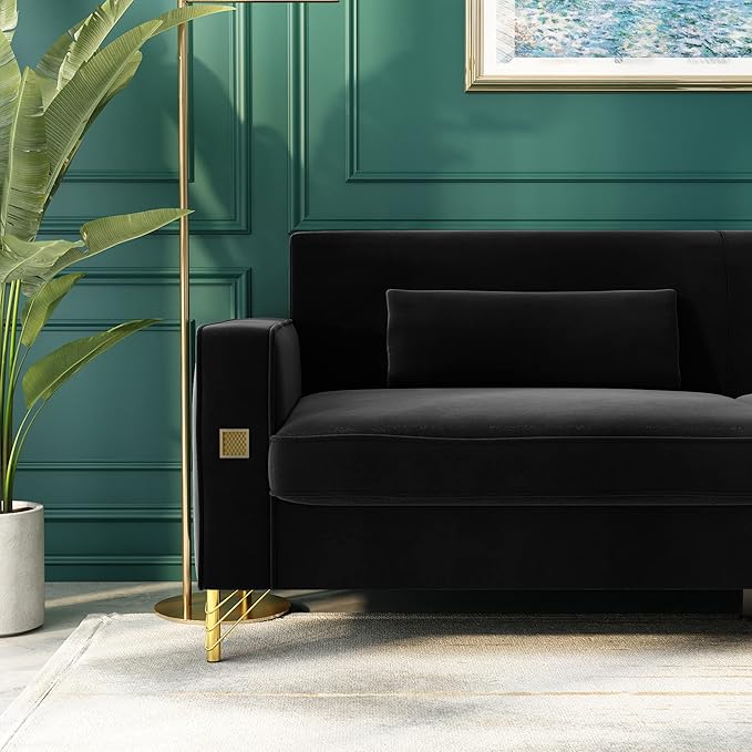 85 Velvet SofaMid-Century Modern Chesterfield 3 Seat Comfy Couch with Pillows Set of 2 for Living RoomBedroomApartment Furniture with Gold Metal Legs (P18-Black)