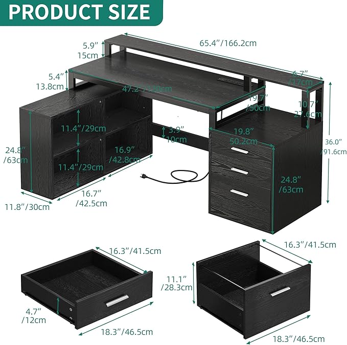 YITAHOME L Shaped Desk with 3 Drawers 65 Corner Computer Desk with Power Outlets &amp LED Lights L-Shaped Desk with File Cabinet &amp Printer Stand for Home Office Black