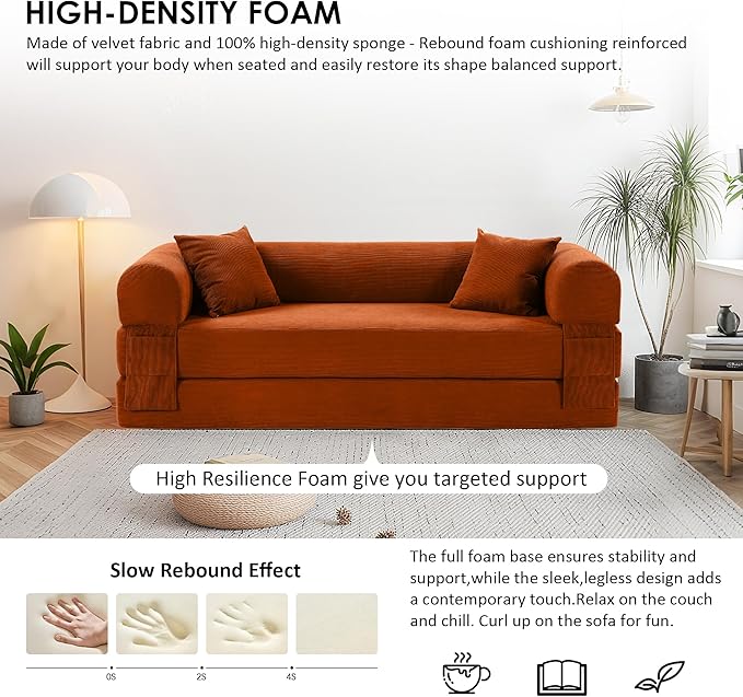 80 Convertible Sofa Bed 3-in-1 Corduroy Folding Pull Out Couch with Pillows No Assembly Modern Boneless Couch Compression Sofa in Box Floor Sofa with Side Storage Pocket for Living Room Orange