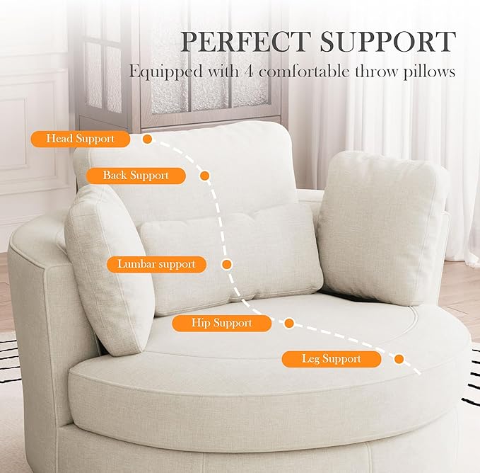 Aoiy &amp Wifon 50'' W Oversized Swivel Barrel Chair Beige Swivel Accent Chair for Living Room Round Oversized Arm Chair with 4 Pillows Deep Seat &amp Extra Wide Chenille