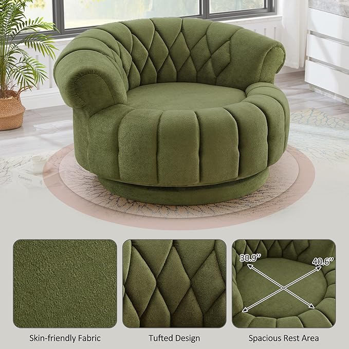 Merax 360 Swivel Accent Chair Sofa Modern Comfort Oversized Round Seat with Luxurious Chenille Fabric Channel Tufted Back Thick Cushion for Living Room Bedroom Green