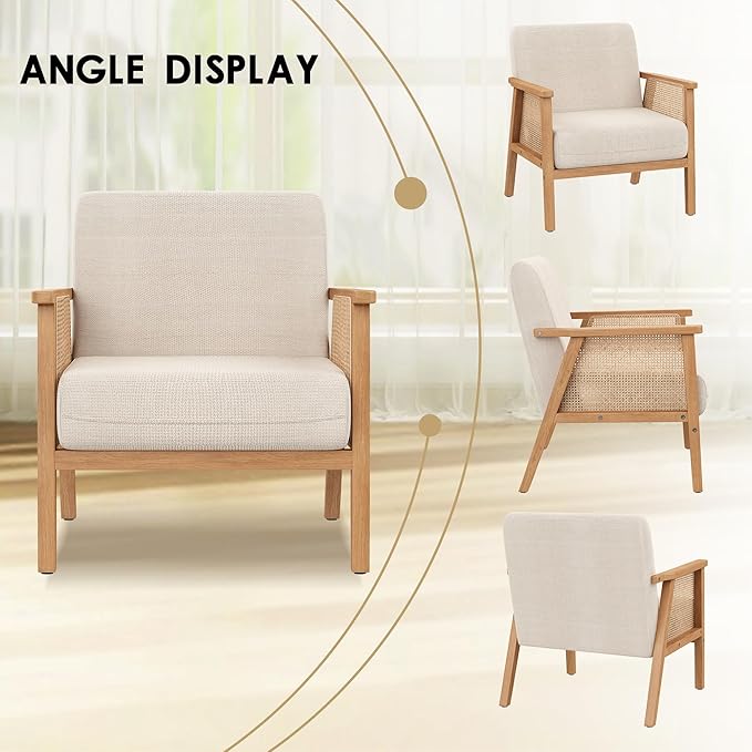 ALISH Mid-Century Modern Accent Chairs Upholstered Living Room Chairs Armchairs with Rattan Arms and Wooden Legs for Living Room Bedroom (Beige Set of 2)