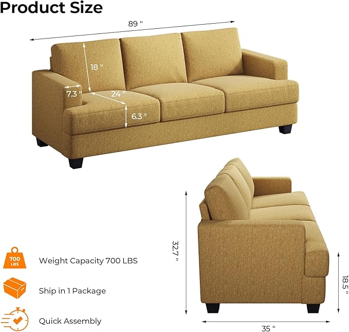 Fadware Sofa Couch 3 Seater Sofa with Suppleness Armrests Fabric Deep Seat Sofa with Upholstered Cushion&amp Backrests Modern Comfy Couch for Living Room Apartment