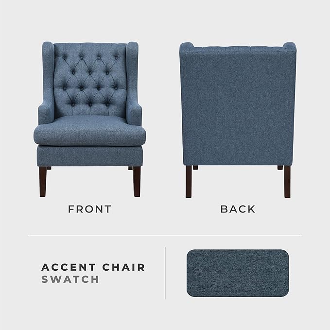 Lexicon Living Room Accent Chair Textured Fabric Upholstered Reading Chair Button-Tufted High Wingback for Living Room/Bedroom/Office Blue