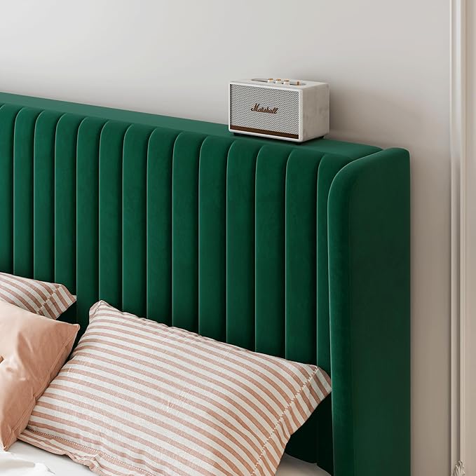 SHA CERLIN King Size Velvet Bed Frame with Vertical Channel Tufted Wingback Headboard Upholstered Platform Bed with Wood Slats No Box Spring Needed Easy Assembly Green