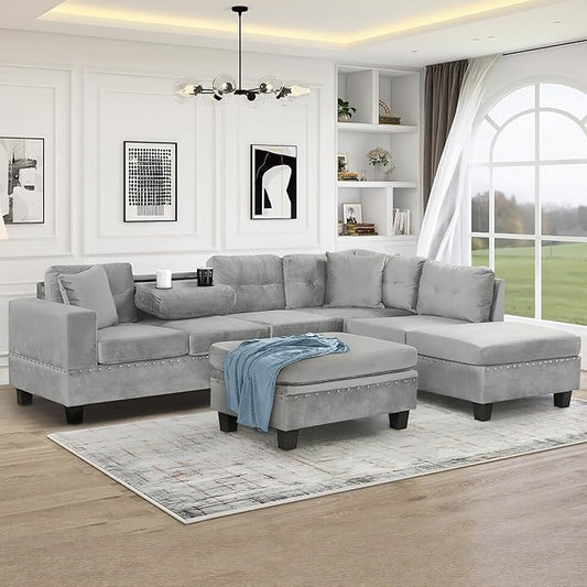 Modern 105 L-Shape Sectional Sofa with Storage Ottoman and Reversible Chaise Velvet Upholstered Couch Set with 2 Pillows and Cup Holders for Living Room Apartment Home Office (Gray-5.26)