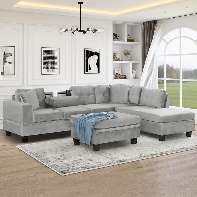P PURLOVE Sectional Sofa with Reversible Chaise and 2 Pillows Polyester L-Shaped Sofa with Storage Ottoman and Cup Holders Sectional Couche Living Room Furniture Sets (Gray)