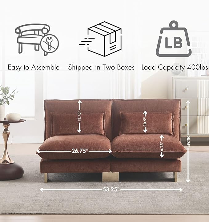 Small Modular Sofa Armless Loveseat Modern 2-Seats Mini Sofa Couch with Pillows Convertible Love Seat with Gold Legs for Small Spaces Living Room Brown Chenille
