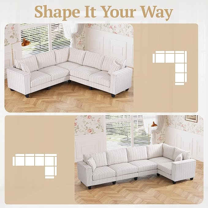 97 Stripe Pattern Sectional Corner Sofa with Storage Armrests &amp 2 Pillows Oversized Modular Couch V-Shape Sofa Upholstered L-Shape Couch 5-Seat Sectional for Living Room Apartment Bedroom