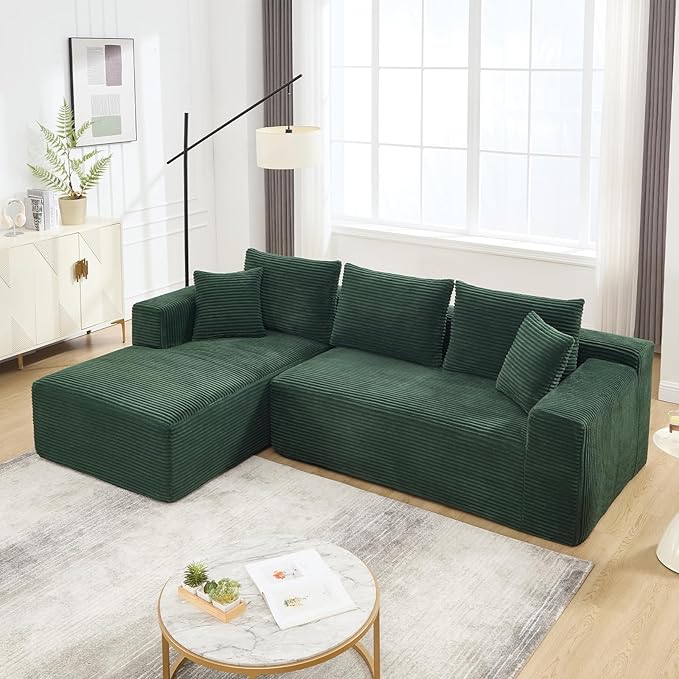 PELUMY 108.7 L-Shaped Cloud Couch with Memory Foam Corduroy Modular Sectional Sofa with Oversized Chaise No Assembly Required Sleeper Sofa for Living Room Apartment (Green Left-Facing)