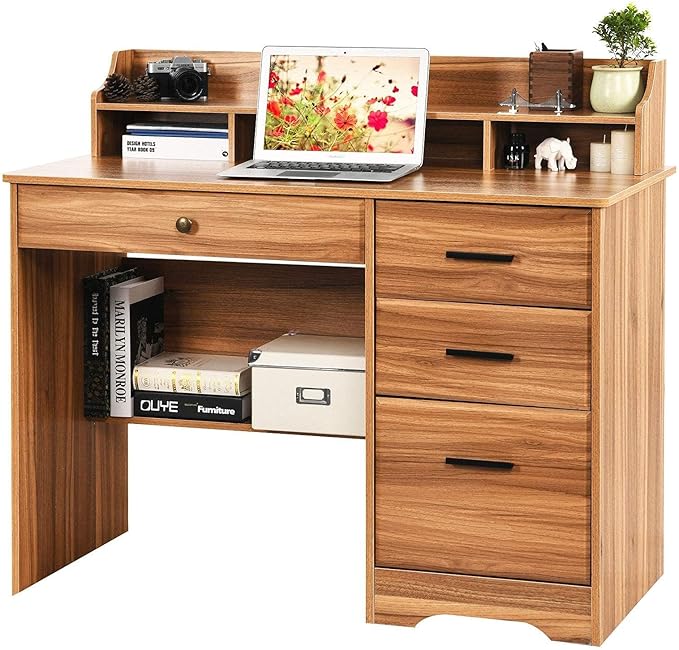 Catrimown Computer Desk with 4 Drawers and Hutch Home Office Desk with File Drawer 44” Rustic Oak Wood Desk Study Table for Bedroom Rustic Oak