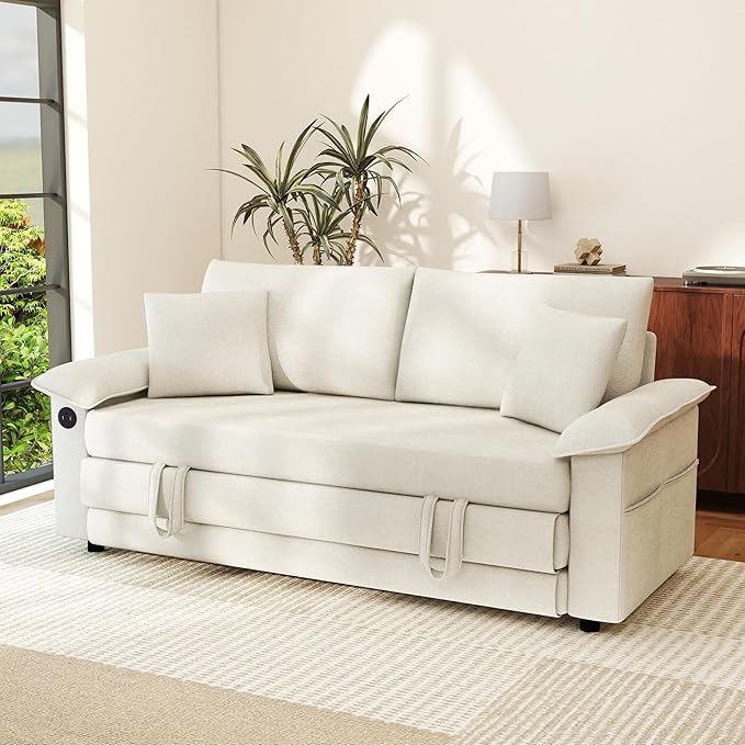 SUNWAVE 77 Loveseat Sleeper Sofa Convertible Sofa Bed 2-Seat Pull Out Couch w/USB Chenille Folding Sofa Bed for Living Room Small Spaces Bedroom (Ivory) | 9 Wider Amrest Breathable Chenille Stay