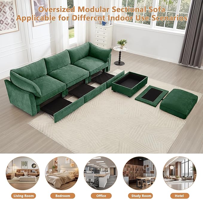 Modular Sectional Sofa with Pull Out Storage Drawers 112.6 L-Shaped Comfy Chenille 3-Seat Sofa with Storage Ottoman Upholstered Deep Seat Couch with 2 Armrest Pillows for Living Room Green