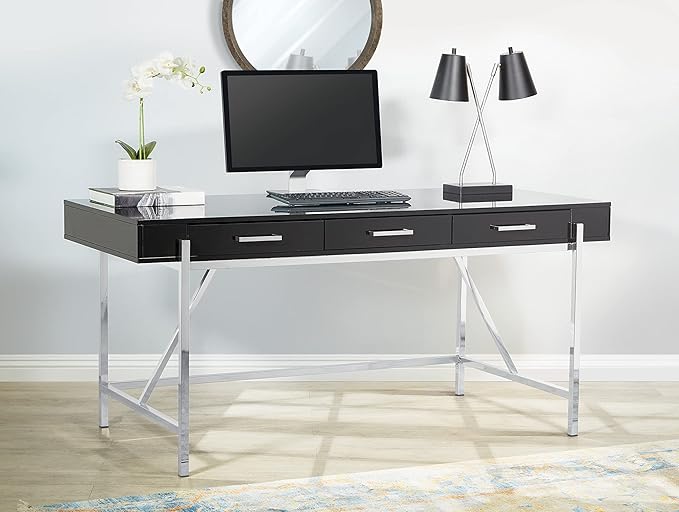 OSP Home Furnishings Broadway Modern Executive Desk with 3 Drawers and Charging Station Black Gloss Finish with Chrome Frame