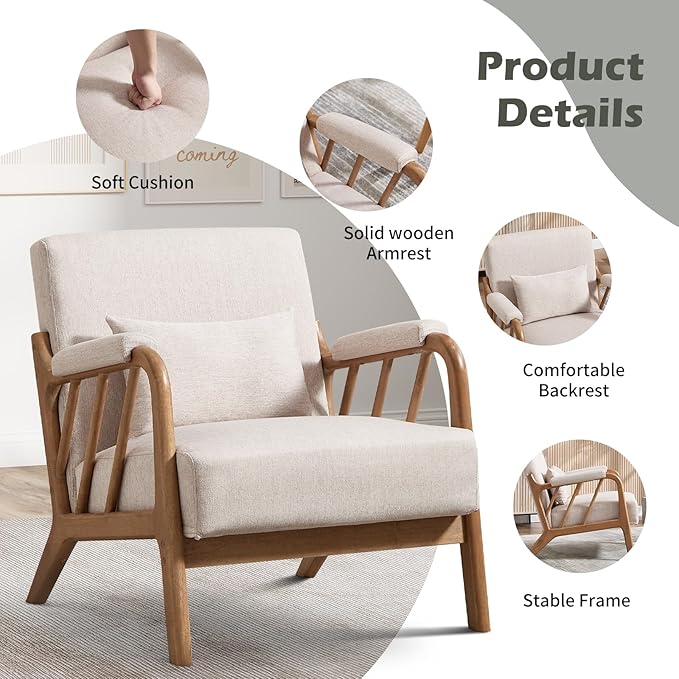 INZOY Accent Chairs Set of 2 Mid Century Modern Accent Chair with Wood Frame Upholstered Reading Armchair with Soft Linen Fabric Accent Chair for Living Room Bedroom Apartment Easy Assembly Beige