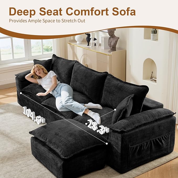 108 Sectional Couches for Living Room Modular Boneless Couch with Deep Seat &amp Fluffy Cushion Cozy Double-Layer Cushioned Sofa with Convertible Ottoman Comfy Cloud Sofa No Assembly Required
