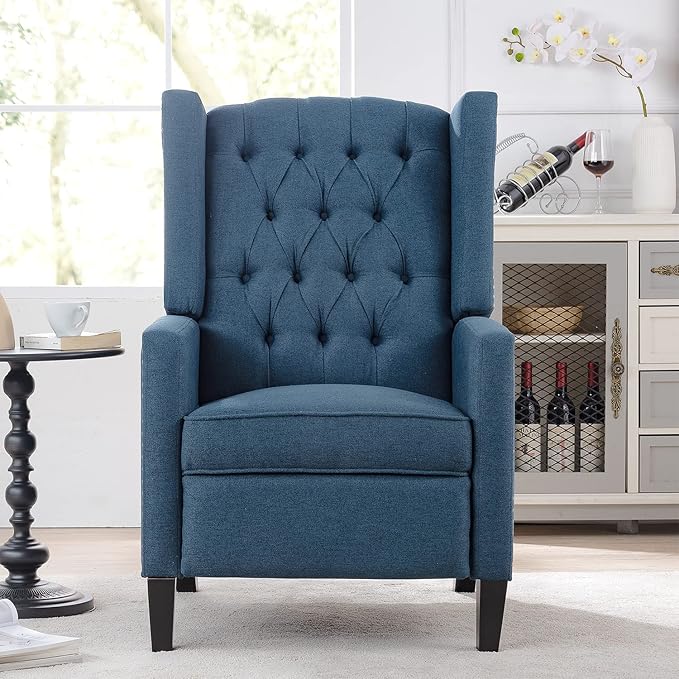 Fabric Wingback Recliner Chair for Adults Blue Accent Chair Living Room Upholstered Mid-Century Modern Recliner Tufted Armchair Reclining Reading Arm Chair 27 Wide