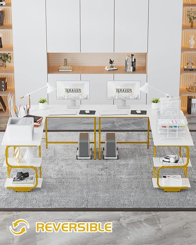 Teraves Reversible L Shaped Desk with Large Surface 69 Inch Sturdy Corner Desk with Storage Shelves Premium Office Computer Desk Workstation for Home Office Gaming